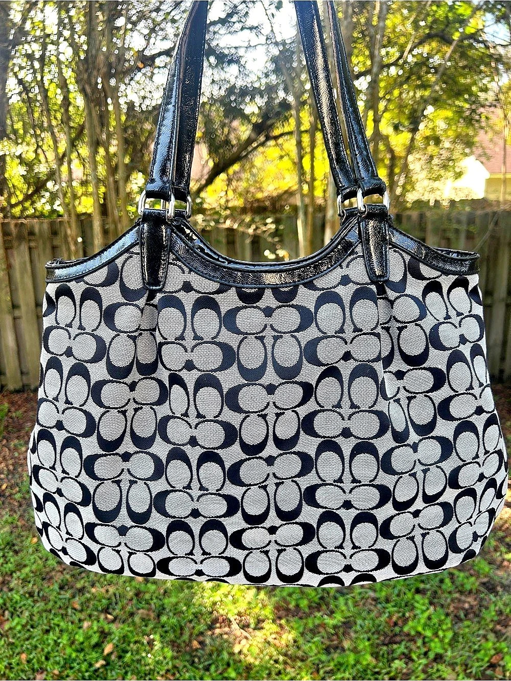 Coach Signature Print Tote in Black & Light Gray